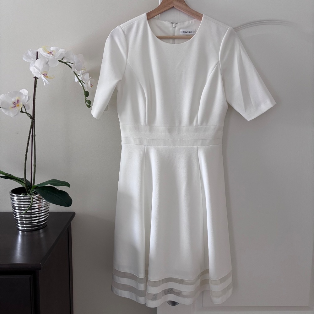 Calvin Klein White Elbow Sleeve Dress Illusion Hem Women’s Size 6
